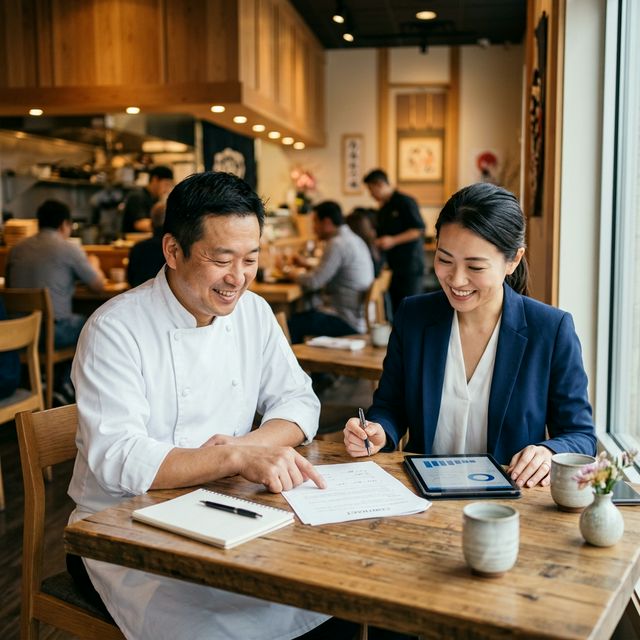 新潟県の飲食店オーナーがロケットナウ加盟を相談している様子